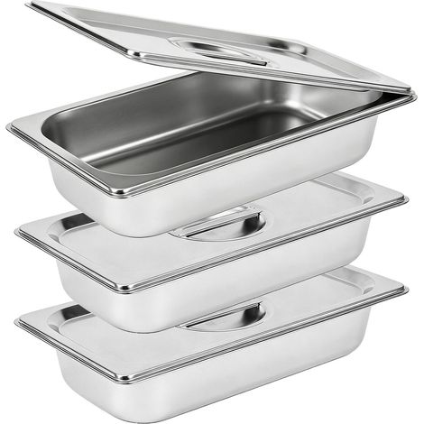 3 Plat Four Rectangulaire, 32.5 x 17.5 x 6.5cm, Bac Inox, Robuste, avec Couvercle, Facile à Nettoyer, pour Plats, Nourriture, Schnitzel, Poisson, Adapté aux Fours et Réfrigérateurs de Cuisine (1/5)