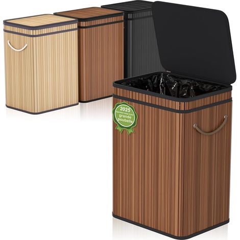 Grande poubelle de 80 litres avec couvercle, corbeille/panier à déchets en bambou, poubelle d'extérieur pour la maison, le bureau, la salle de bain, la cuisine 40X30X60 CM (Brun) (1/5)