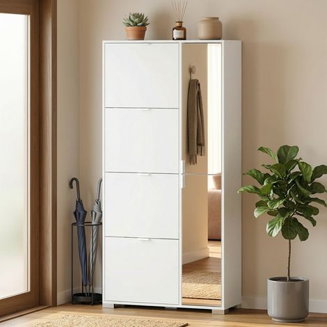 Meuble à chaussures avec miroir, 4 tiroirs rabattables, meuble à chaussures d'entrée, blanc (1/5)