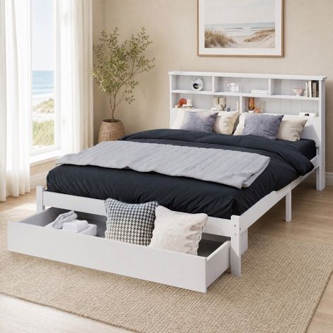DESMIU Lit avec Tiroirs 140 × 200 cm 2 Places avec Tête de Lit Bibliothèque et 2 Tiroirs, sans Matelas, Blanc (1/5)