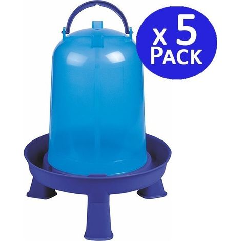 Pack de 5 Bebederos para Gallinas 8 Litros  32x37 cm  Plástico Resistente  Ideal para Terreno o Colgar  Con Patas  Azul (1/5)