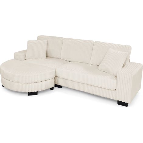 Divano angolare a L 4 posti in velluto a coste beige, modulare con pouf ovale e 2 cuscini (1/5)