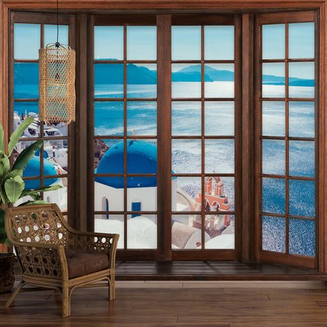 Papier peint panoramique Trompe l'oeil Fenêtre en bois - Santorin - 195 cm x 156 cm (1/5)