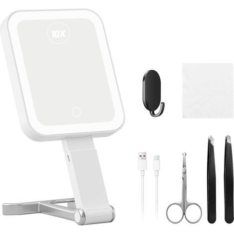 1 Miroir Double Face,Rechargeable Type-C,Grossissant 10X,Led 3 Couleurs,Tactile,Voyage Chambre (1/5)