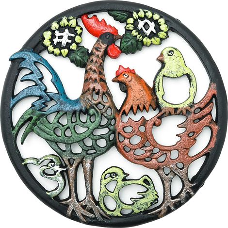 Dessous-de-Plat de Coq Peint à la Main en Fonte très résistant - 21cmD- Looks rustiques rétro Supports Ronds Anti-Rouille, Supports pour casseroles Chaudes ou théière, décoration de Table (1/5)