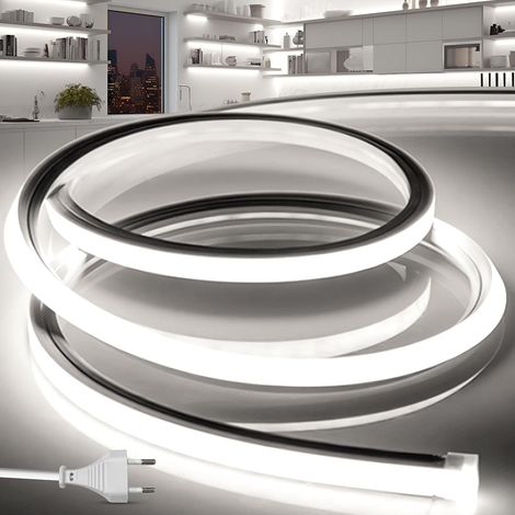 Waterproof Outdoor LED Strip 3 m 220 V Neon LED Strip Flexible White Strip IP65 10 mm Silicone Cuttable Waterproof Indoor Includes AC Adapter for Kitchen (1/5)