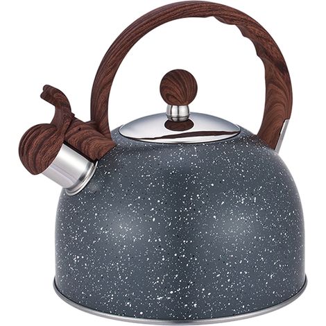 Théière en acier inoxydable, poignée imitation bois, sifflet sonore, pour thé, café, lait, etc., compatible gaz et électrique. (1/5)