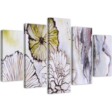 Quadri Quadro 5 pezzi Stampa su tela Fiori acquerellati Beige - 200x100 (1/5)