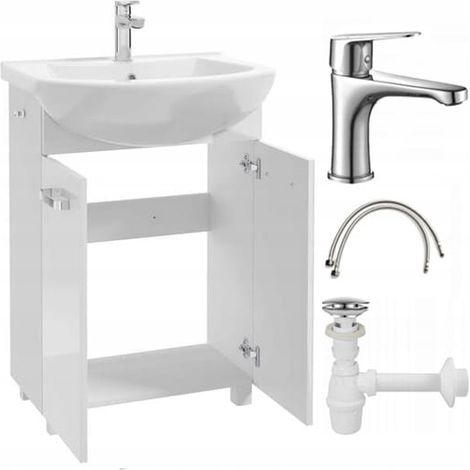Badezimmerschrank mit Waschbecken auf Beinen 85x60, stehend, weiß Mila, mit länglichem Chromhahn