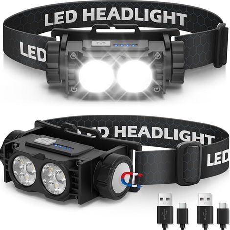 Lampe frontale rechargeable, lot de 2 lampes frontales LED ultra-lumineuses de 2000 lumens, 3 modes d'éclairage, étanche, idéale pour le camping, la course à pied et le vélo. (1/5)