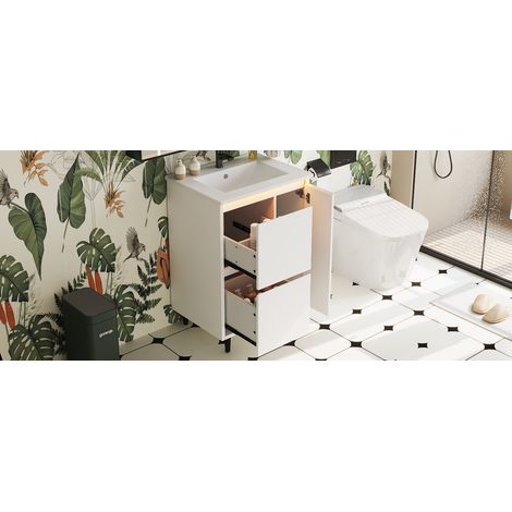 Meuble vasque à poser blanc 61 x 46,5 x 87 cm en MDF avec vasque en céramique, 2 tiroirs et fermeture douce pour salle de bains (1/5)