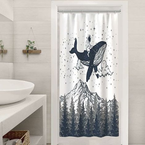 Rideau de douche humoristique avec astronaute, baleine, forêt de montagne brumeuse, ensemble de rideaux de douche, galaxie, étoiles et nuages, rideau de salle de bain imperméable 72" x 78" Ave (1/5)