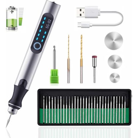 Ecleanfy - Stylo graveur USB, mini stylo graveur rechargeable, stylo graveur avec accessoires de gravure, kit de gravure sans fil pour bois, métal et verre. (1/5)