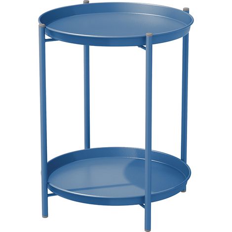 Grand Patio table d'appoint 2 étages, petite table à café en métal, résistante aux intempéries, table d'extrémité ronde pour patio, extérieur, salon, chambre à coucher (Bleu paon) (1/5)