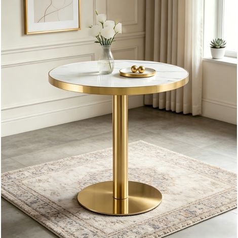 Table d'appoint ronde 60x60x74 cm en MDF blanc et doré, gain de place pour salon FloraGrace (1/5)