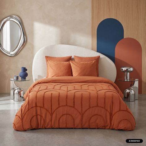 Parure de lit coton lavé tufté motifs arches rétro 2 places terracotta. 1 housse + 2 taies 63x63cm 260 x 240 cm (1/5)