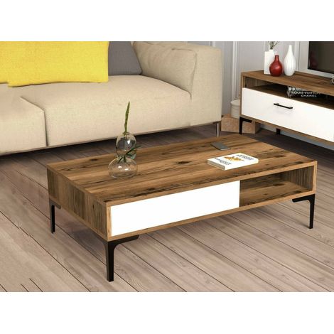 Dmora - Tavolino da salotto Diadem, Tavolo basso da caffè, Portariviste per divano, Ripiano da soggiorno, 105x60h33 cm, Noce e Bianco, con imballo rinforzato, con imballo rinforzato (1/5)