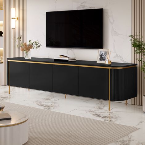 Meuble TV 180 cm Noir, Meuble de salon avce 6 Portes, Meuble multimédia avce Passe-Câbles - Meuble Télévision Rétro Chic (1/5)