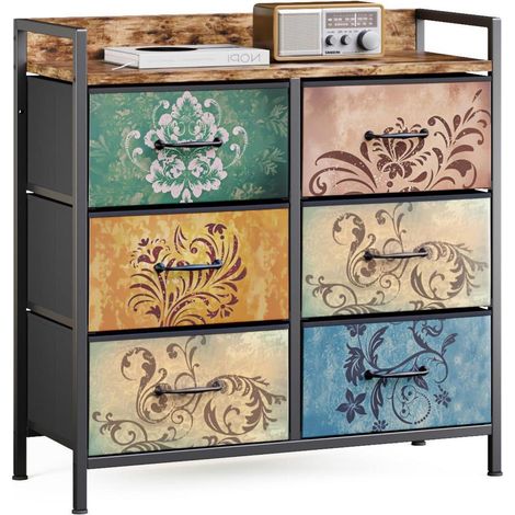 Kommode mit 6 Schubladen, Vintage Blumenmuster, Metallrahmen, 30x80x84 cm (1/5)