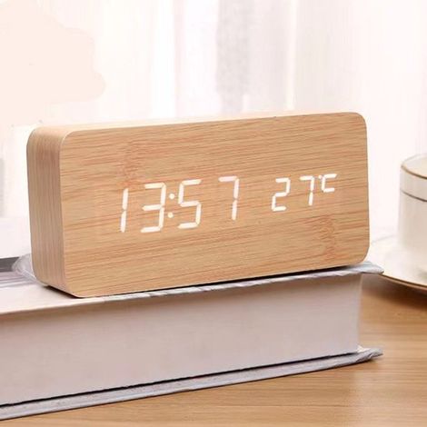 Reloj digital de madera，despertador LED multifuncional con visualización de hora，fecha y temperatura，y control por voz para el hogar (1/5)