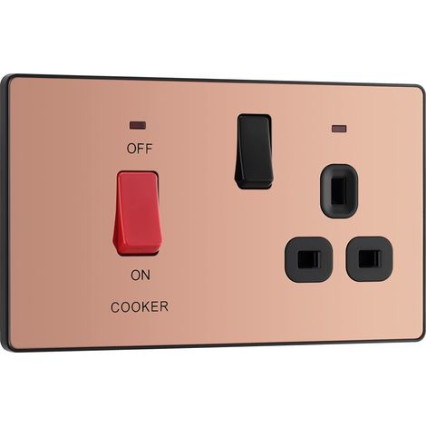 Interrupteur de cuisinière électrique avec prise et LED, prise de commande, double pôle, plaque avant sans vis, cuivre poli, 45 A (1/5)