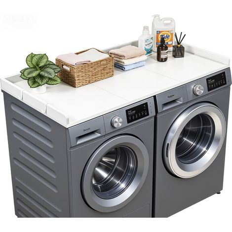 Comptoir pour Lave Linge et Sèche Linge 137x69,9 cm, Plan de Travail pour Machine à Laver en Bois, pour Rangement Aménagement Buanderie Placard Balcon, avec Rebord et 2 Crochets, Blanc (1/5)