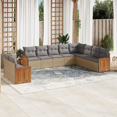 Ensemble Salon Jardin 10 Places Résine Tressée Beige avec Coussins Gris Modulable (1/4)