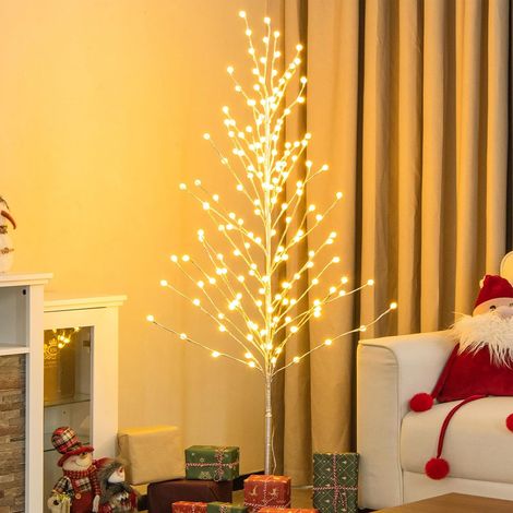 COSTWAY Arbre de Bouleau Eclairé de 155 cm, Arbre de Noël Artificiel avec 168 Lumières LED Blanc Chaud, Piquets en Métal, Décoration de Fête Intérieure et Extérieure, pour Porche, Maison, Magasin (1/5)