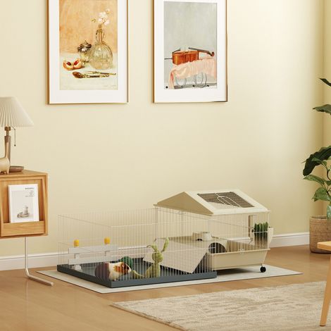 Jaula para cobayas, jaula para animales pequeños con corral extraíble, alfombrilla impermeable, comedero de heno, 108 x 71 x 57 cm, beige