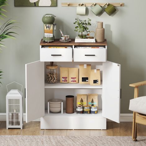 Meuble TV blanc et bois avec 2 tiroirs et armoire 2 portes, étagère intérieure réglable (1/5)
