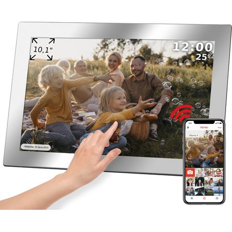 Cornice digitale Kruger&Matz FRAMEO Wi-Fi da 10,1", con pannello a specchio di alta qualità.