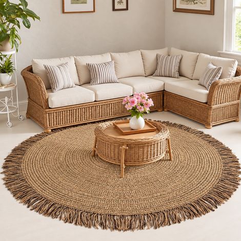 Tapis Rond en Jute Naturelle Tissé Main Modèle Rond à Franges Jiuzhi 100 x 100 cm Salon Chambre 1,2 kg – Livraison gratuite