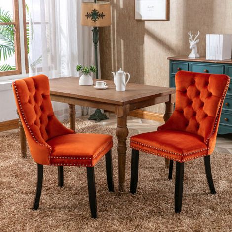 Lot de 2 Chaises de Salle à Manger Collection Nikki Haut de Gamme en Bois Massif Capitonné Velours, Pieds en Bois Garniture Cloutée, Design Tendance Couleur Orange (1/3)