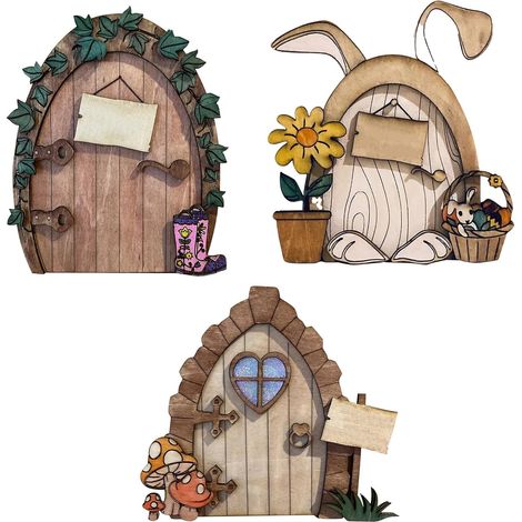 Juego de 3 puertas de hadas y decoración de ratón de madera en miniatura, accesorio de jardín al aire libre, puerta de casa de hadas, ratón pequeño para pared de árbol, regalo de cumpleaños para niños (1/5)