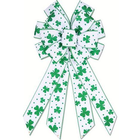 Schleife mit Kleeblattmotiv zum St. Patrick's Day, grün-weiße Glitzerschleife für Kränze, Bäume, Wände, Tische, Geschenk für irische Feierlichkeiten (1/4)
