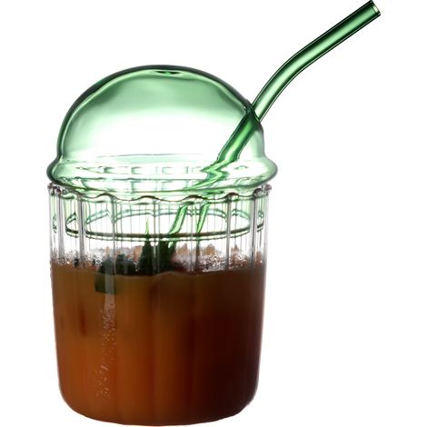 vaso de leche de vidrio borosilicato con tapa y pajita, resistente al calor/frío, para té, café, zumo, bar en casa. (1/5)