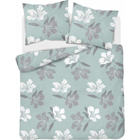 Parure de lit en flanelle 220x200 Fleurs Menthe Clair (1/4)