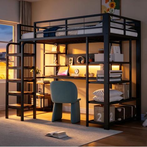 Cama alta infantil de 90x200 cm con iluminación LED, escritorio y toma de corriente, de metal y madera negra (1/5)