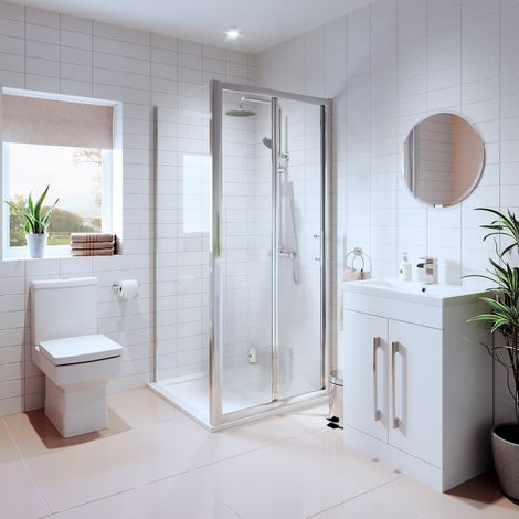 Bathroom Suite Bifold Shower Enclosure Vanity Unit Basin Sink Toilet WC 900mm (1/5)