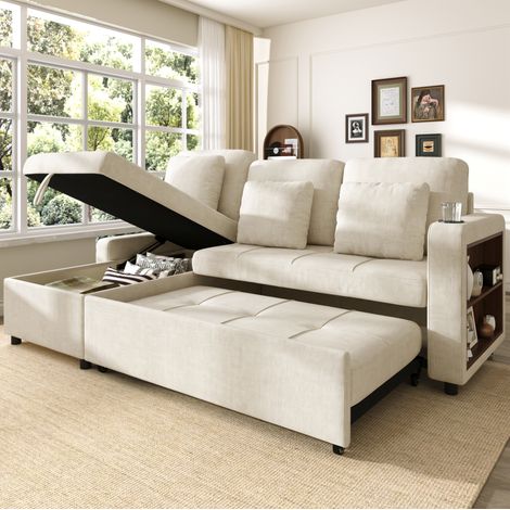 Divano letto estraibile 3 posti in ciniglia con chaise longue contenitore OKWISH (1/5)