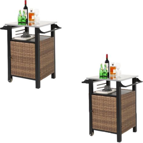 2er-Set single door bar cart,Outdoor Kitchen Wicker Island Rolling Cart & Storage Cabinet, Wheels and Stainless Steel Extended Table Top, Side Handle for Patio Kitchen or Bar Cart, Brown