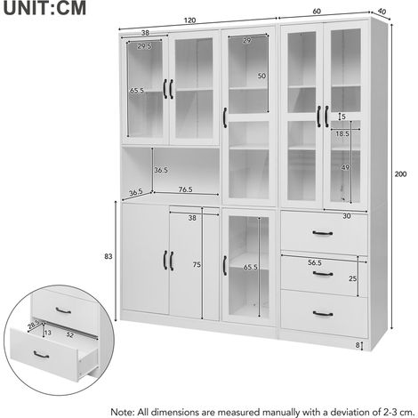 Meuble vitrine combiné blanc moderne, 200 cm hauteur x 180 cm largeur, armoire d'exposition autoportante avec éclairage LED, 8 portes, 3 tiroirs, idéal pour sublimer votre intérieur. (1/5)