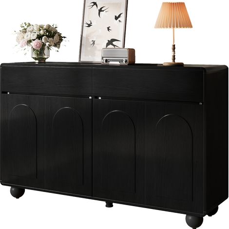 Buffet de salon à portes cintrées, meuble de rangement moderne en panneaux de particules et MDF, pieds ronds en métal (1/5)