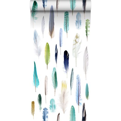 papier peint intissé XXL plumes vert, bleu et beige  - ESTAhome (1/5)