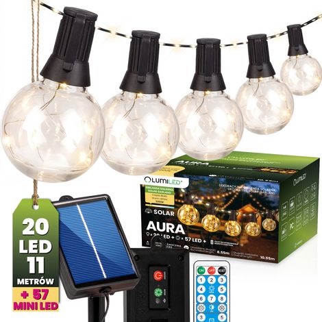 Ghirlanda solare da giardino con 20 lampadine LED decorative, 10,55 m, 3000K luce calda + Aura, telecomando Lumiled. (1/4)
