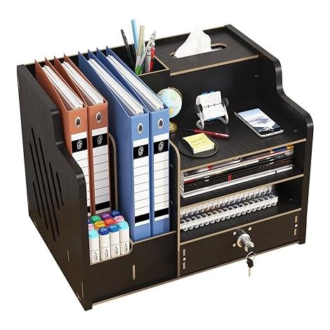 Schreibtisch-Organizer aus Holz, großer Schreibtisch-Organizer, Aufbewahrungsorganizer für Bürobedarf für Zuhause, Büro und Schule (Schwarz) (1/5)