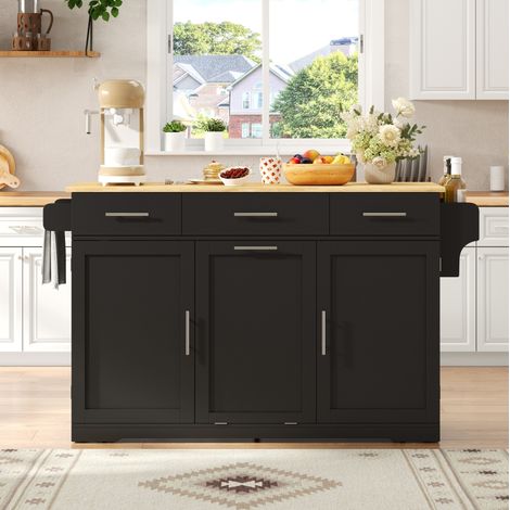 Isola cucina mobile con piano estensibile, 3 cassetti, presa e USB, nero e legno naturale DESVIAE (1/5)
