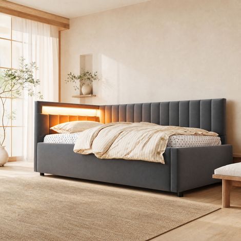 CHICFURN Sofá cama 90x200 cm de terciopelo gris con almacenaje hidráulico y LED, sin colchón (1/5)