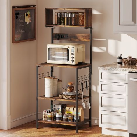 Mensola da cucina 60x42x153 cm, con 2 prese, 5 ganci a S, ripiani regolabili, legno, marrone rustico (1/5)