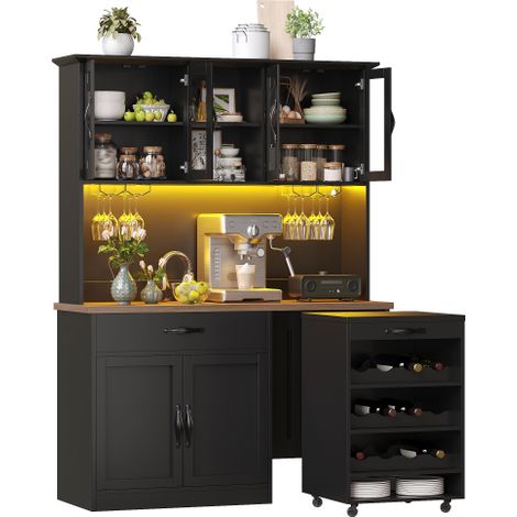 Buffet noir LED avec chariot roulettes,rangement verres et bouteilles